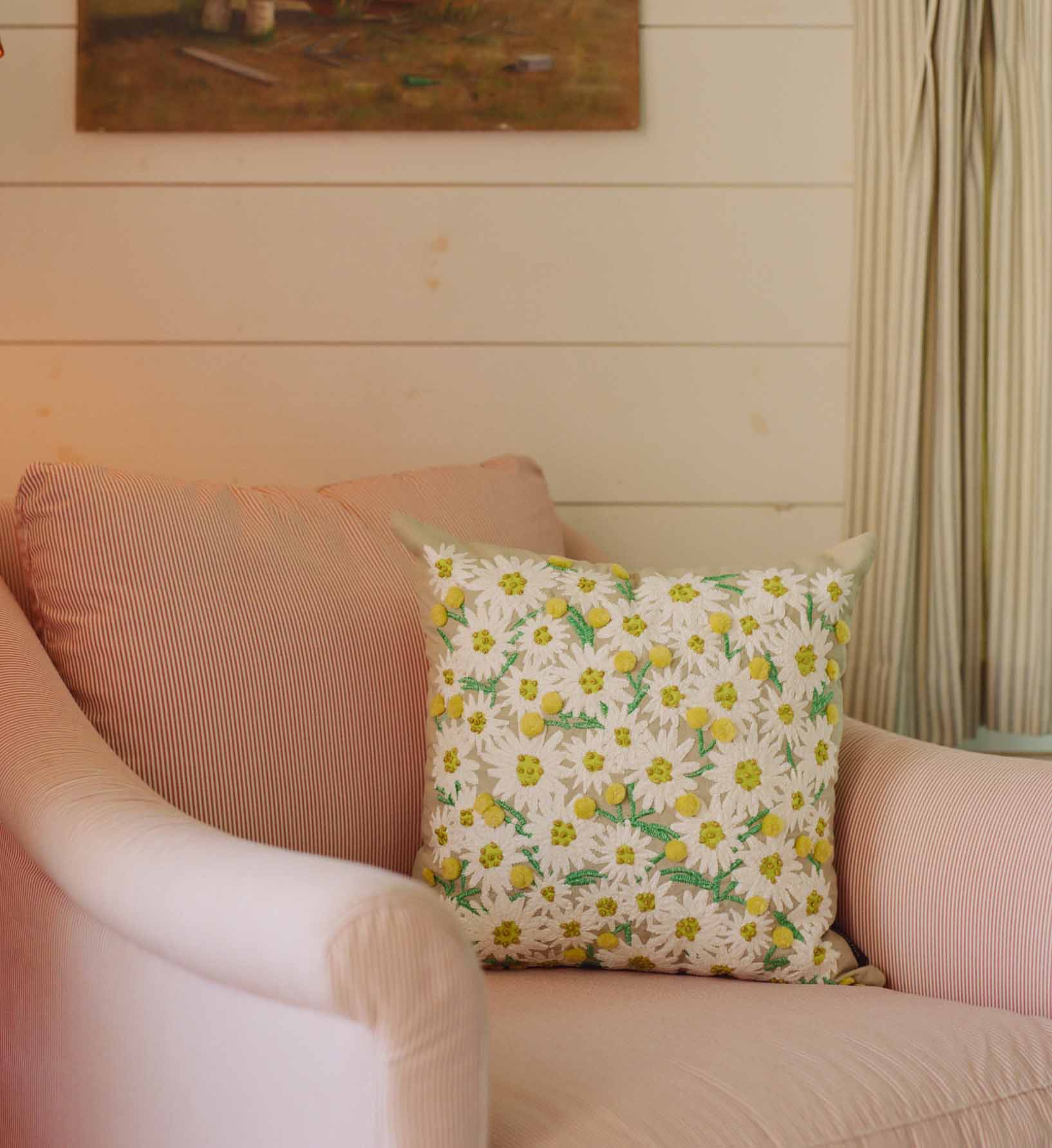 Daisies Embroidered Pillow - Khaki - Image 2
